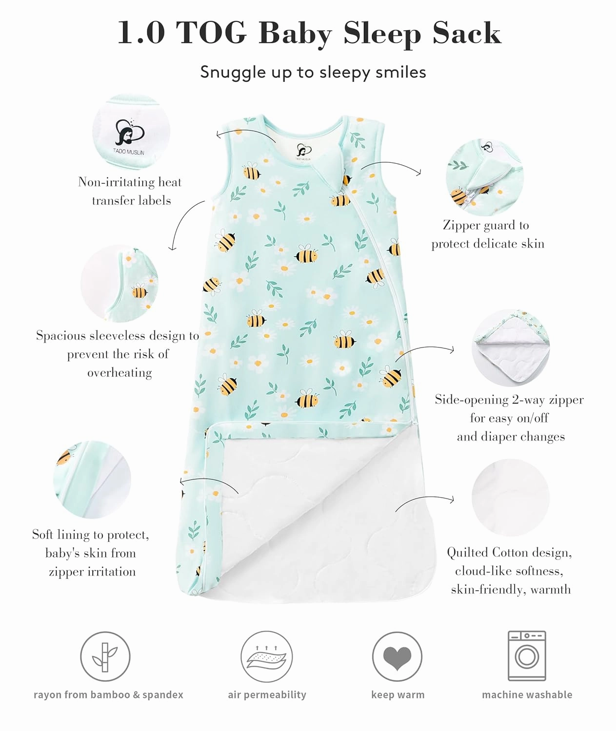 Baby Sleep Sack 0-6M 1.0 Tog 95% Rayon from Bamboo 5% Spandex Breathable Sleep Sacks Baby Quilted Wearable Blanket 2-Way Zipper Lightweight Little bee