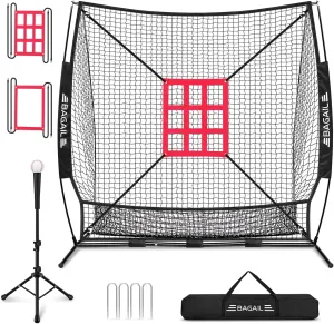 BAGAIL 7x7 ft Baseball & Softball Practice Net with Bow Frame for Batting, Hitting, Pitching, Portable Baseball Throwing Net with 2 Strike Zone Batting Tee, Carry Bag, Great for All Levels