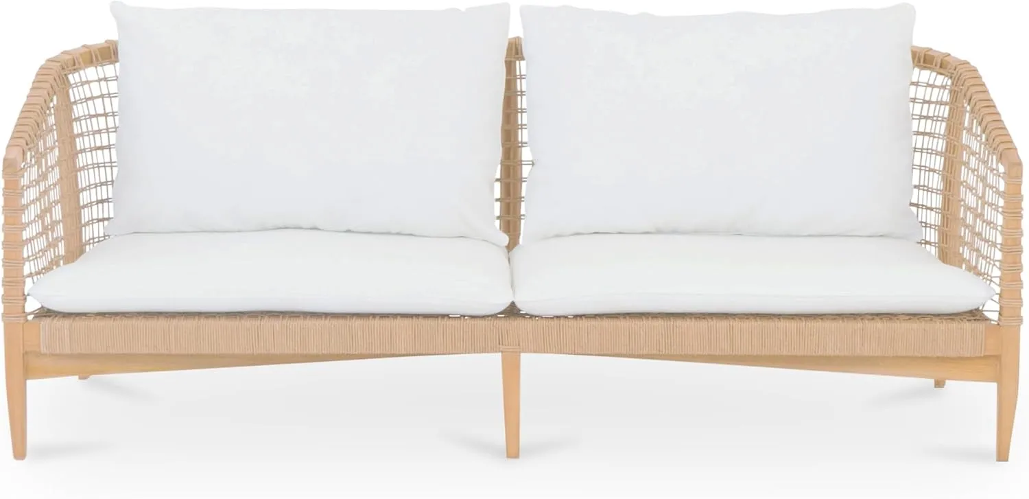 Barrett Sofa, Solid Teak Frame with Lloyd Loom Weave and Reversible Cushions, Seats 3, White