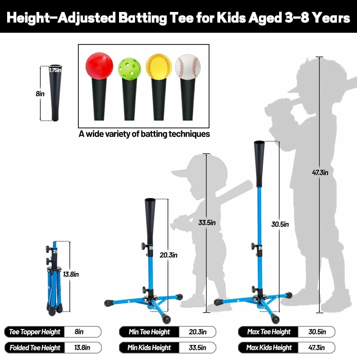 Baseball Batting Tee for Kids Aged 3-8, Height Adjustable (20.3” to 30.5”) Softball Tee for Hitting Training, Portable and Collapsible Travel Tee with 2 Tee Toppers