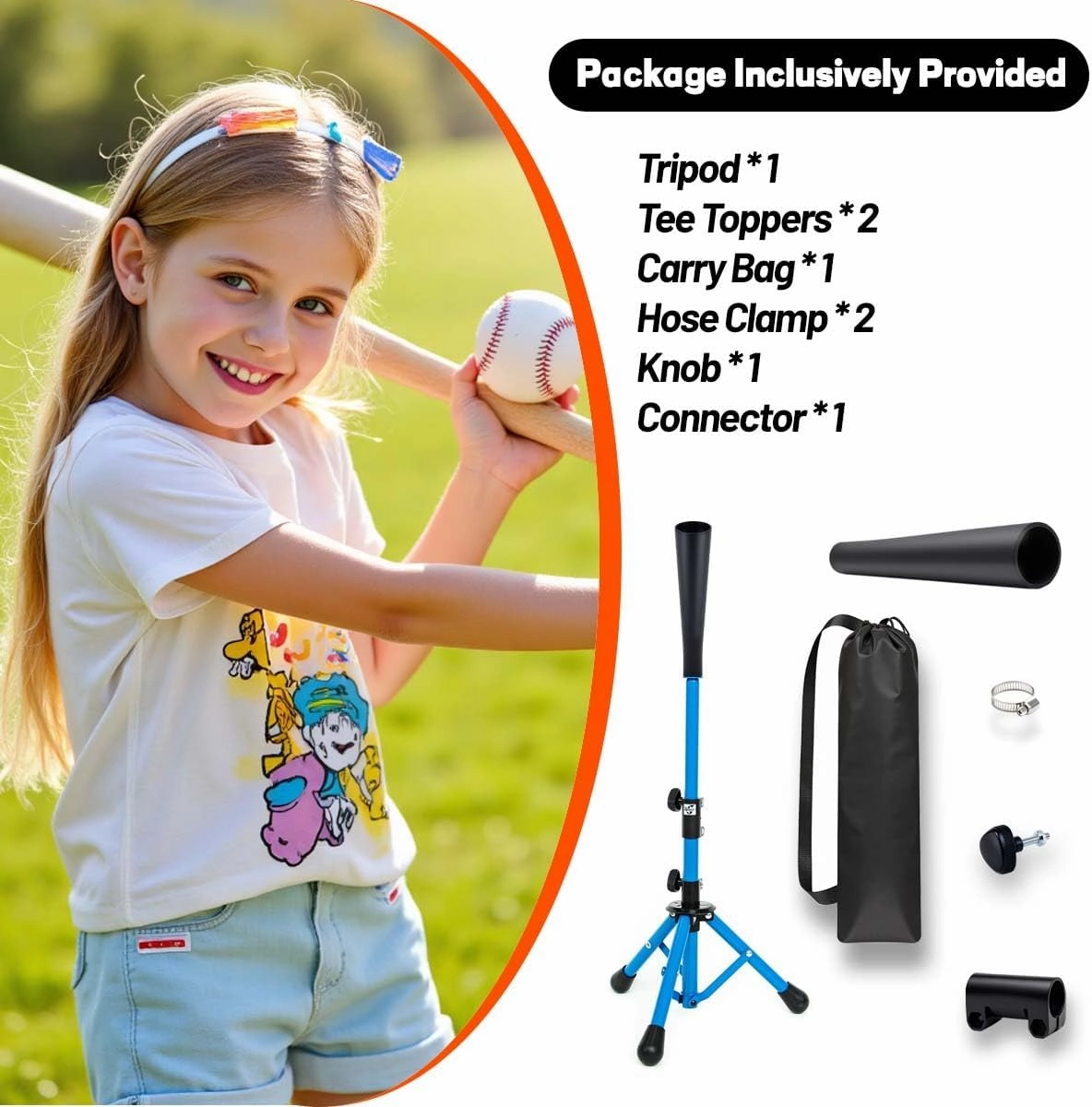 Baseball Batting Tee for Kids Aged 3-8, Height Adjustable (20.3” to 30.5”) Softball Tee for Hitting Training, Portable and Collapsible Travel Tee with 2 Tee Toppers