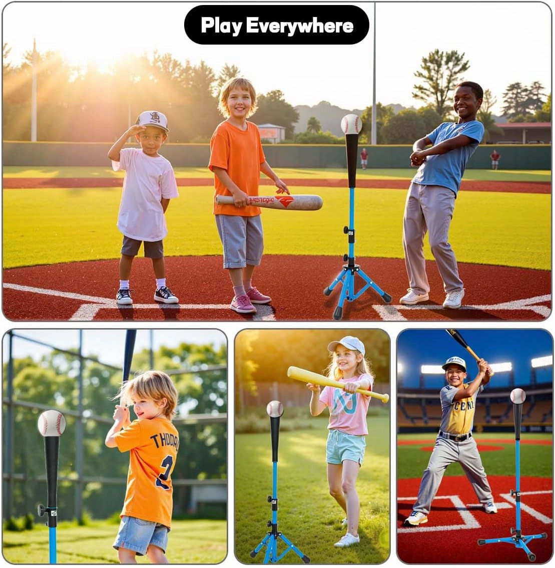 Baseball Batting Tee for Kids Aged 3-8, Height Adjustable (20.3” to 30.5”) Softball Tee for Hitting Training, Portable and Collapsible Travel Tee with 2 Tee Toppers