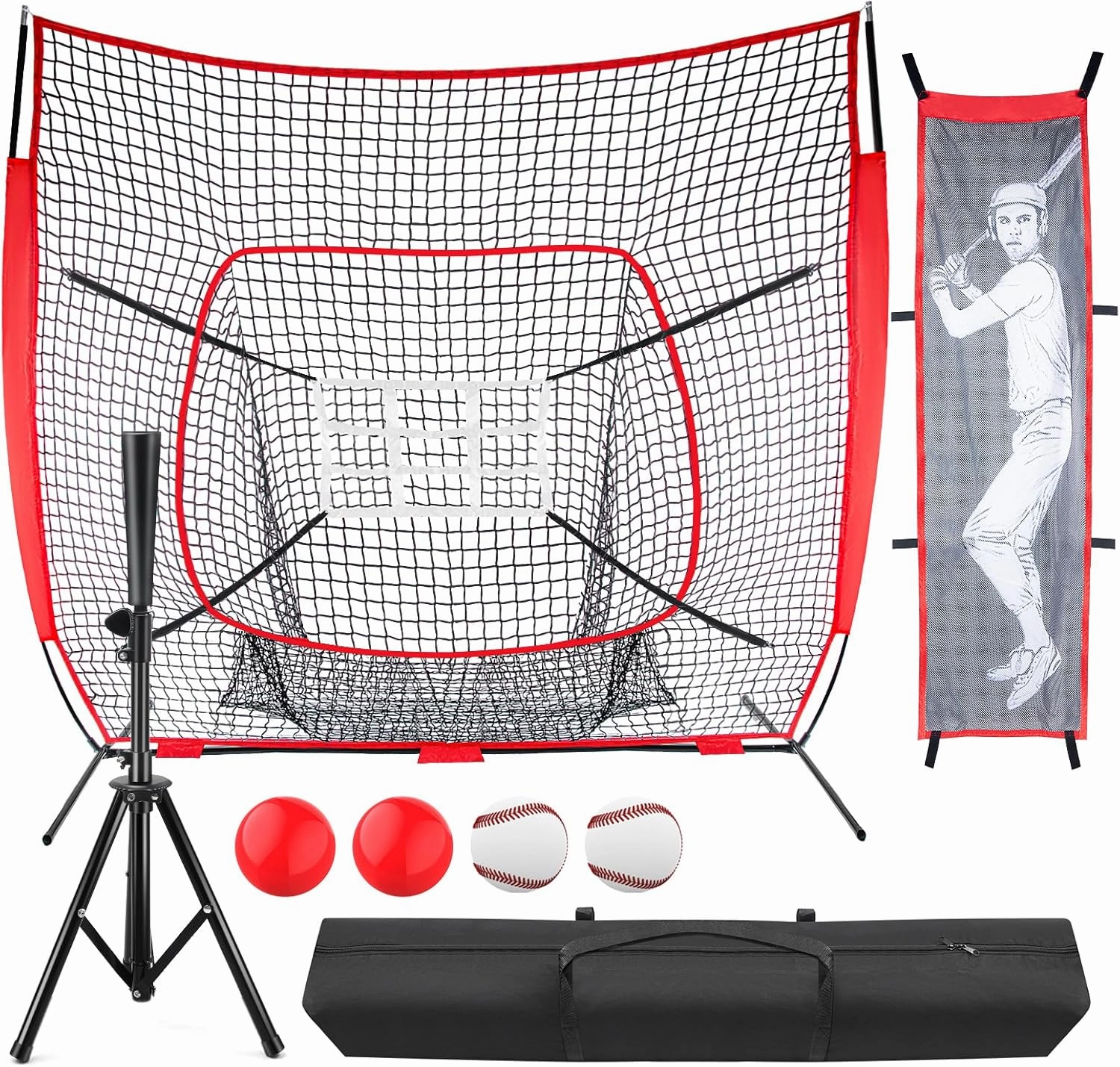 Baseball Net Softball Net for Hitting and Pitching, 7'x7' Batting Net for Baseball & Softball Practice Net, Softball Hitting net, Pitching Net with Strike Zone and Carry Bag