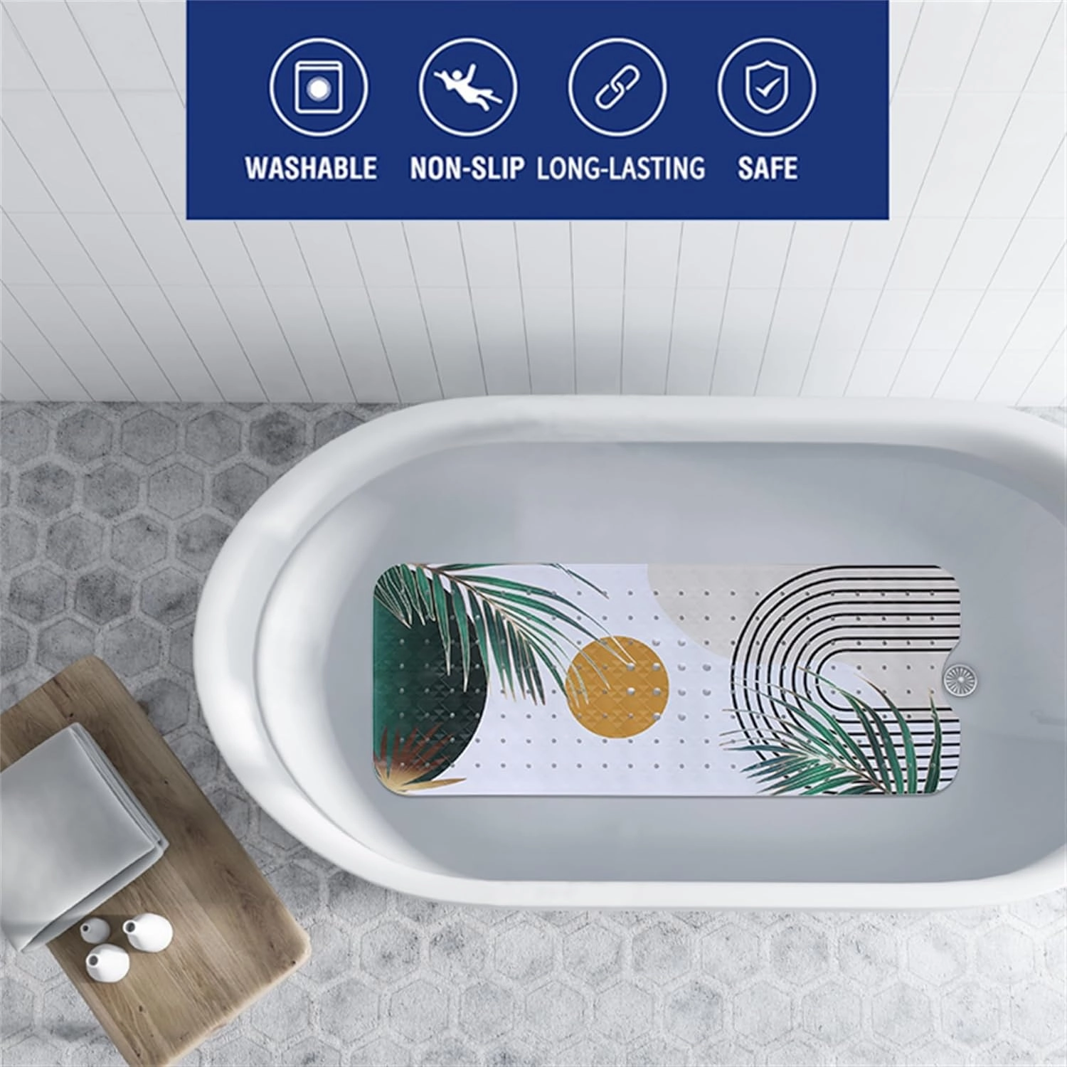 Bathtub Mat Non Slip Boho 40x16in Palm Leaves Extra Long Bohemia Bath Mat for Tub Abstract Art Anti Slip Shower Mat for Bathroom with Large Drain Holes and Suction Cups Quality Bath Mats Decor
