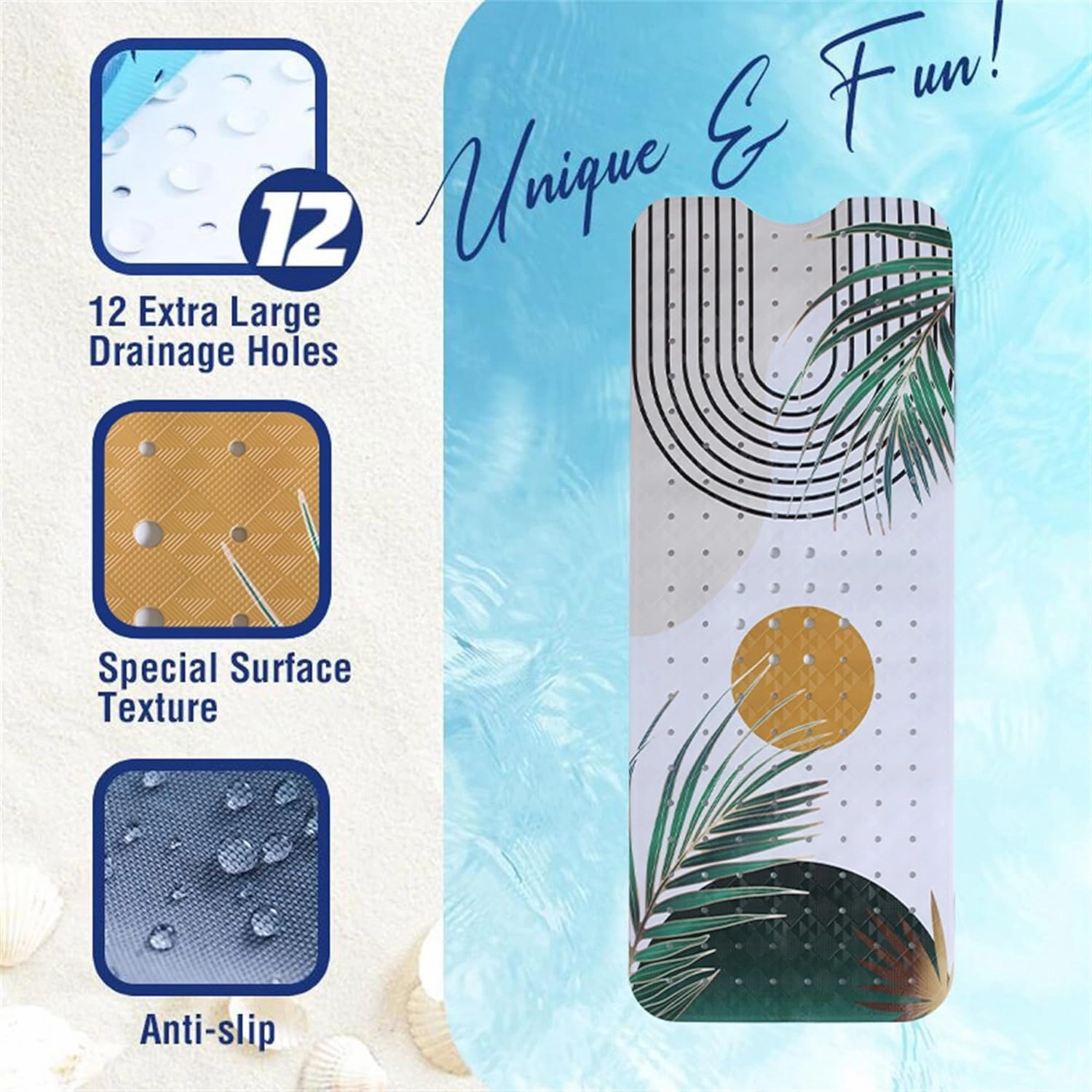 Bathtub Mat Non Slip Boho 40x16in Palm Leaves Extra Long Bohemia Bath Mat for Tub Abstract Art Anti Slip Shower Mat for Bathroom with Large Drain Holes and Suction Cups Quality Bath Mats Decor