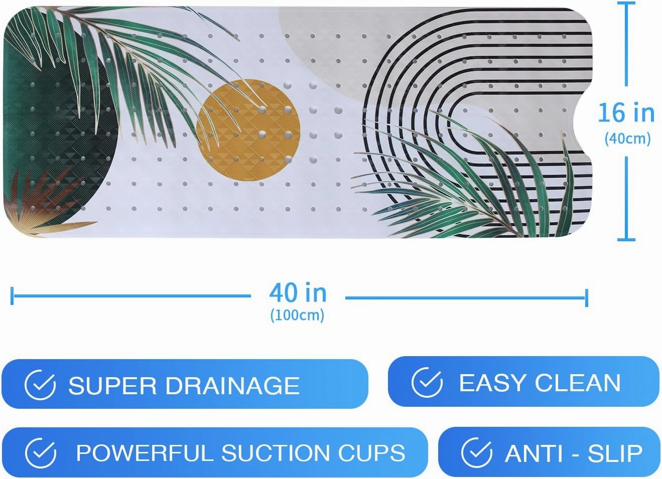 Bathtub Mat Non Slip Boho 40x16in Palm Leaves Extra Long Bohemia Bath Mat for Tub Abstract Art Anti Slip Shower Mat for Bathroom with Large Drain Holes and Suction Cups Quality Bath Mats Decor