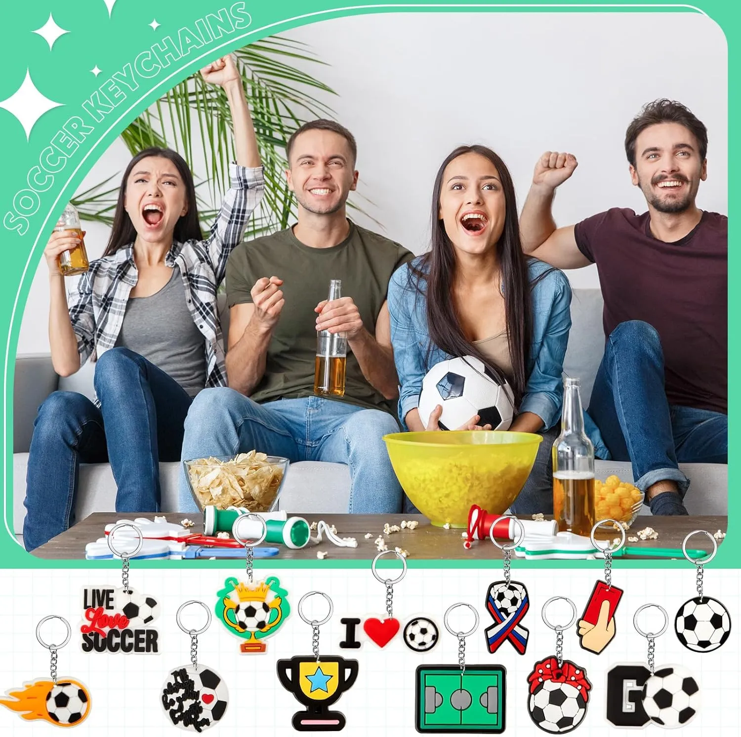 Batiyeer 36 Pack Soccer Keychains Bulk Sports Ball Key Chains Funny Gifts for Birthday Party Favors