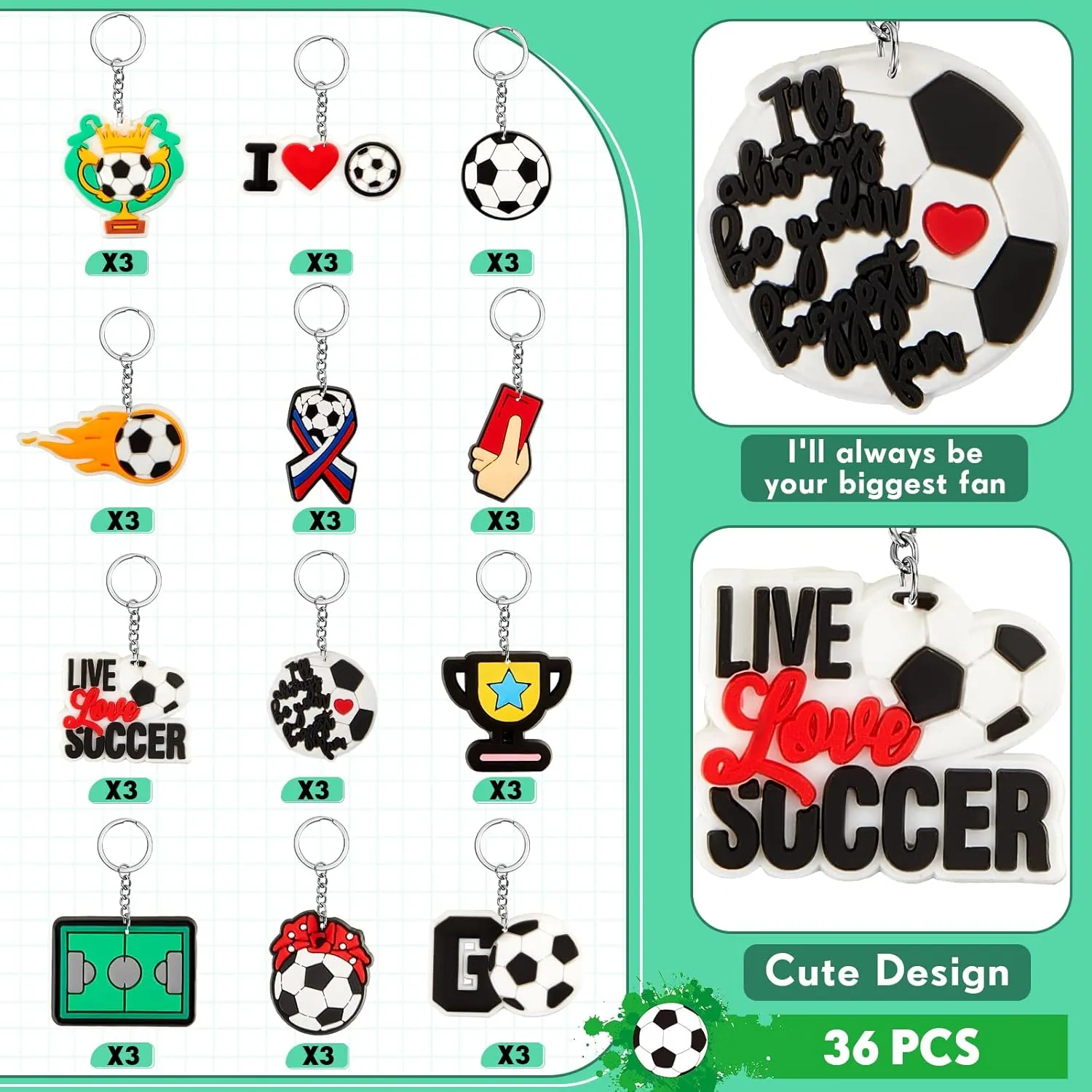 Batiyeer 36 Pack Soccer Keychains Bulk Sports Ball Key Chains Funny Gifts for Birthday Party Favors