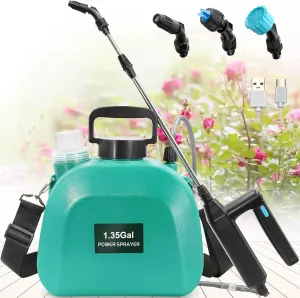 Battery Powered Sprayer 1.35Gallon - Electric With 3 Mist Nozzles, USB Rechargeable Handle, Retractable Wand, Adjustable Shoulder Strap for Lawn, Garden, Cleaning