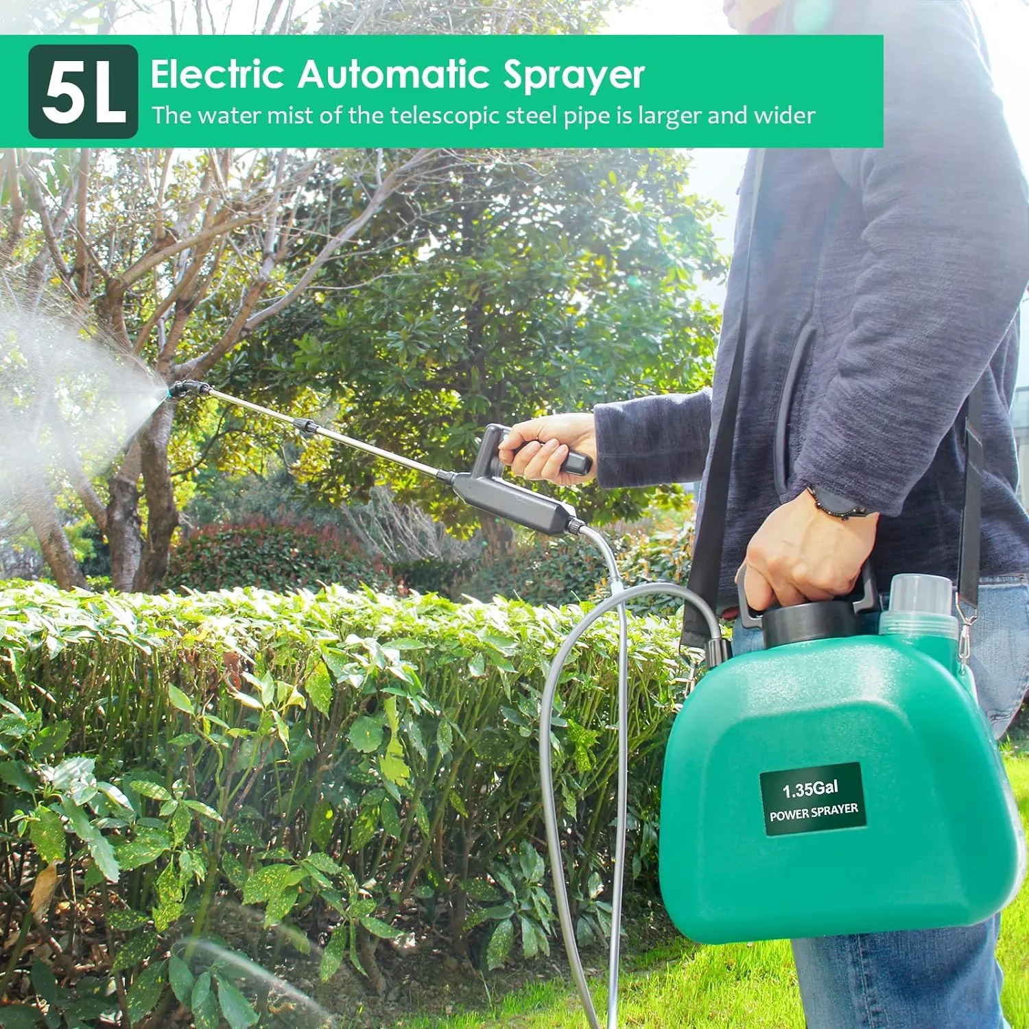 Battery Powered Sprayer 1.35Gallon - Electric With 3 Mist Nozzles, USB Rechargeable Handle, Retractable Wand, Adjustable Shoulder Strap for Lawn, Garden, Cleaning
