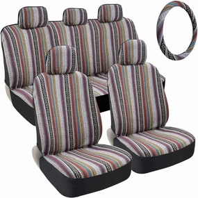 BDK Baja Saddle Blanket Car Seat Covers Full Set with Matching Steering Wheel Cover - Woven Saddle Blanket Seat Covers Mexican Blanket Seat Covers for Front & Back Bench - Fits Most Car, Truck, & SUV