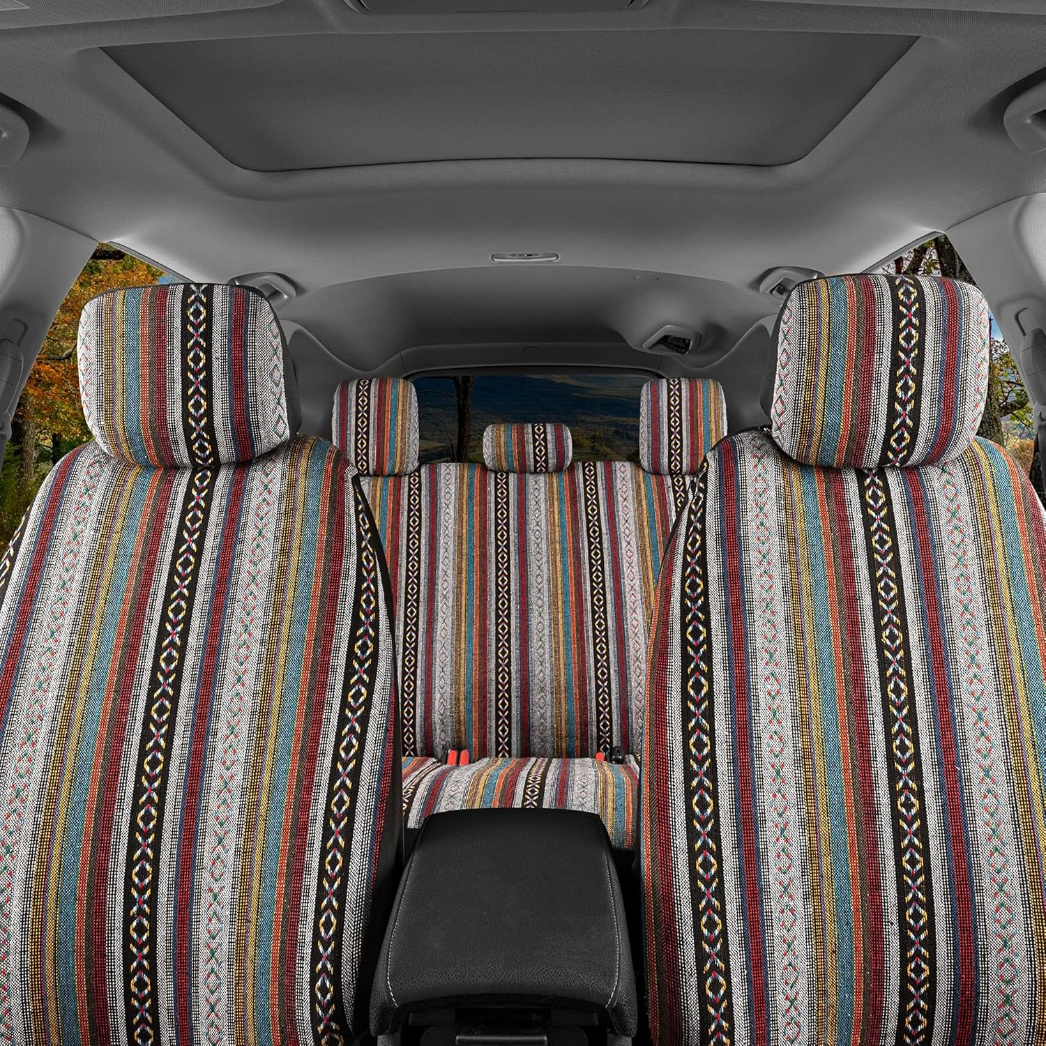 BDK Baja Saddle Blanket Car Seat Covers Full Set with Matching Steering Wheel Cover - Woven Saddle Blanket Seat Covers Mexican Blanket Seat Covers for Front & Back Bench - Fits Most Car, Truck, & SUV