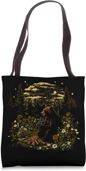 Bear Sitting by Campfire in Forest Serenity Tote Bag