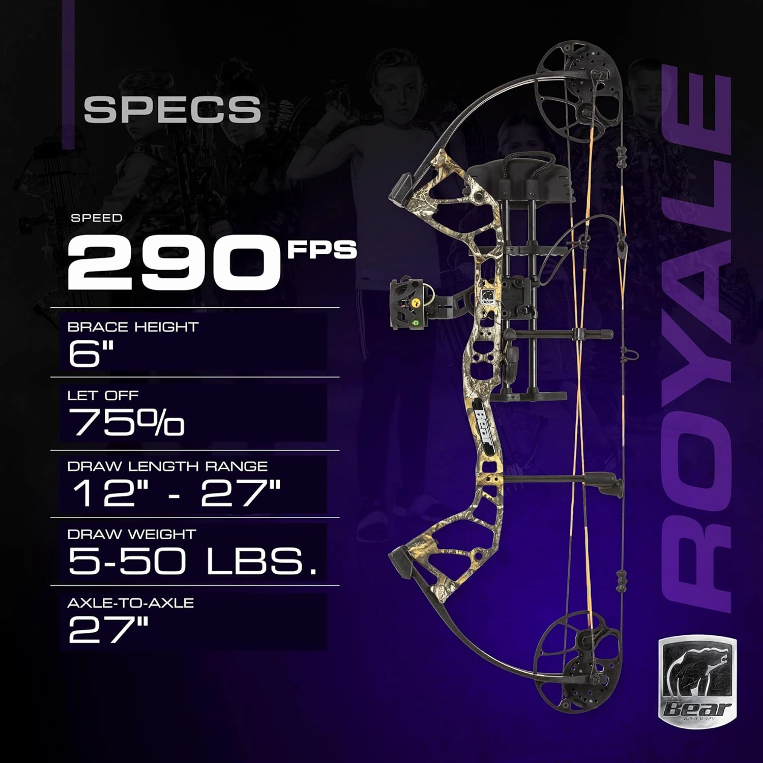 Bear Archery Royale Ready to Hunt Compound Bow Package for Adults and Youth, 12”- 27” Draw Length, 5-50 Lbs Draw Weight, Up to 290 FPS, Limbs Made in USA, Limited Life-Time Warranty