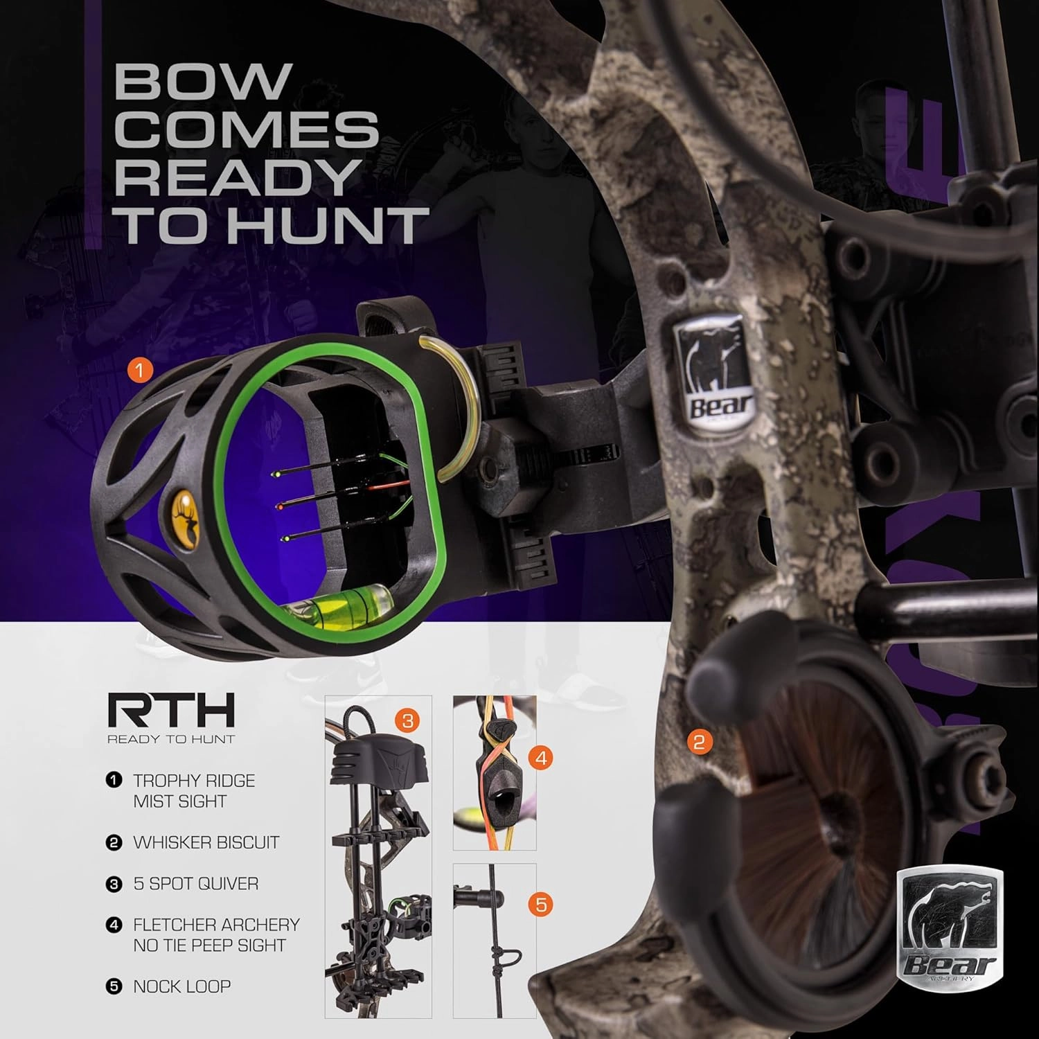 Bear Archery Royale Ready to Hunt Compound Bow Package for Adults and Youth, 12”- 27” Draw Length, 5-50 Lbs Draw Weight, Up to 290 FPS, Limbs Made in USA, Limited Life-Time Warranty