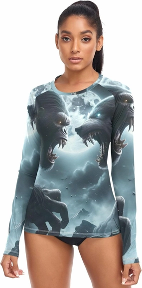 Bear Painting Landscape Womens Rash Guard Shirt Long Sleeve Top UPF 50  Sun UV Protection Swim XS