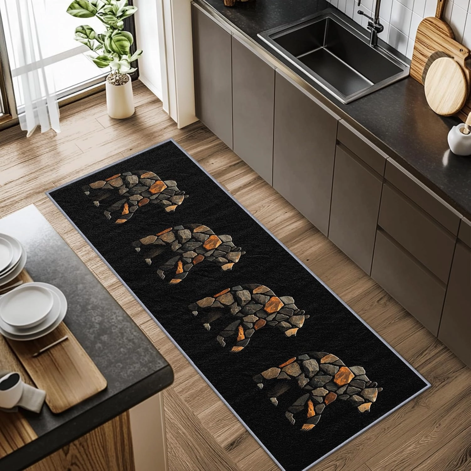 Bear Print Runner Rug, Bear Runners for Hallways, 4x12ft, Wildlife Cabin Animal Lodge Black Runner Rug, Farmhouse Country Washable Non Slip Carpet Runner - Bear Home Decor