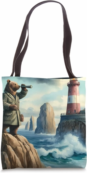 Bear Tending Lighthouse On Rugged Coastline. Keeper Sea Tote Bag