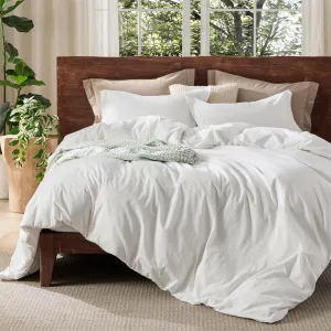 Bedsure 100% Washed Cotton Duvet Cover Queen Size - Natural White Minimalist Duvet Cover for All Seasons - GentleSoft™ Plain Simple Cotton Bedding Set with 2 Pillow Shams (White, Queen, 90"x90")