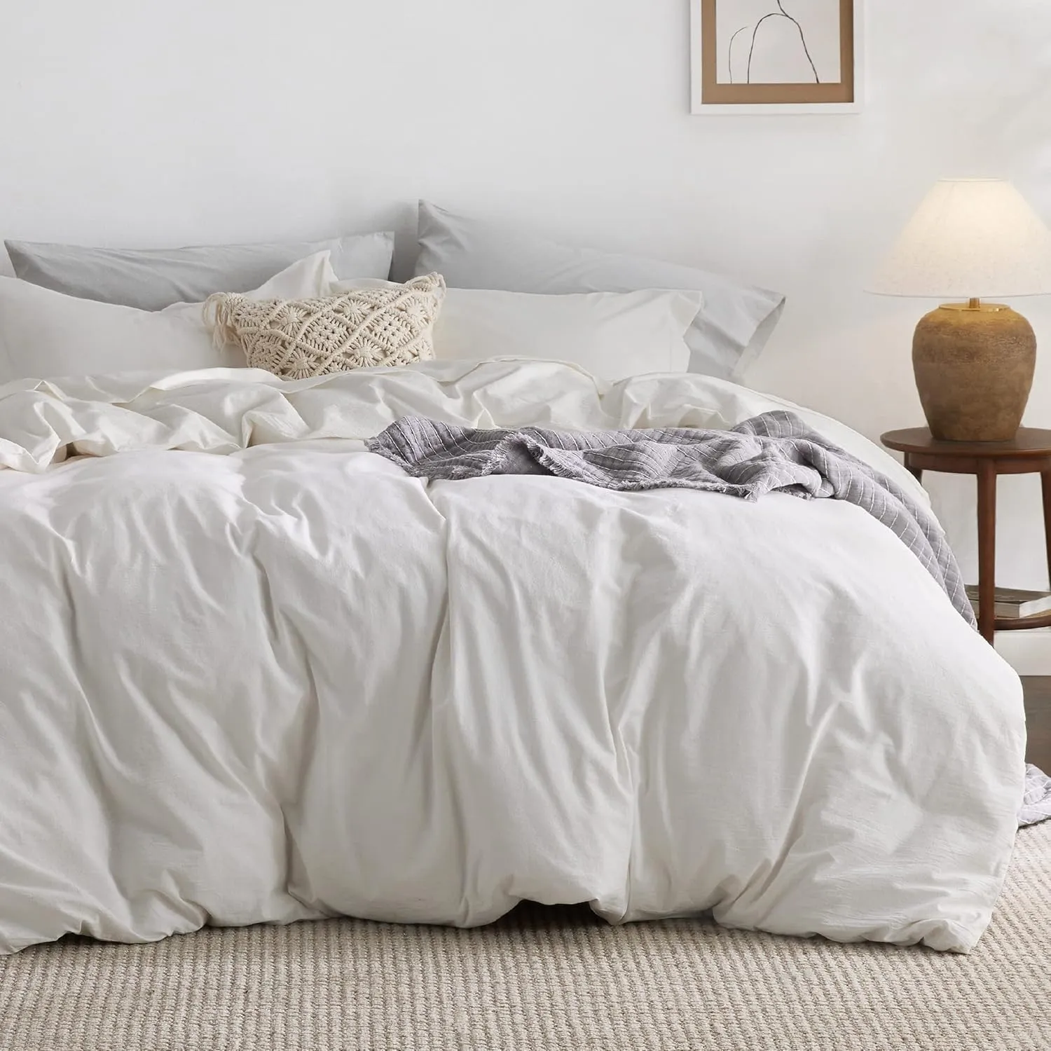 Bedsure 100% Washed Cotton Duvet Cover Queen Size - Natural White Minimalist Duvet Cover for All Seasons - GentleSoft™ Plain Simple Cotton Bedding Set with 2 Pillow Shams (White, Queen, 90"x90")
