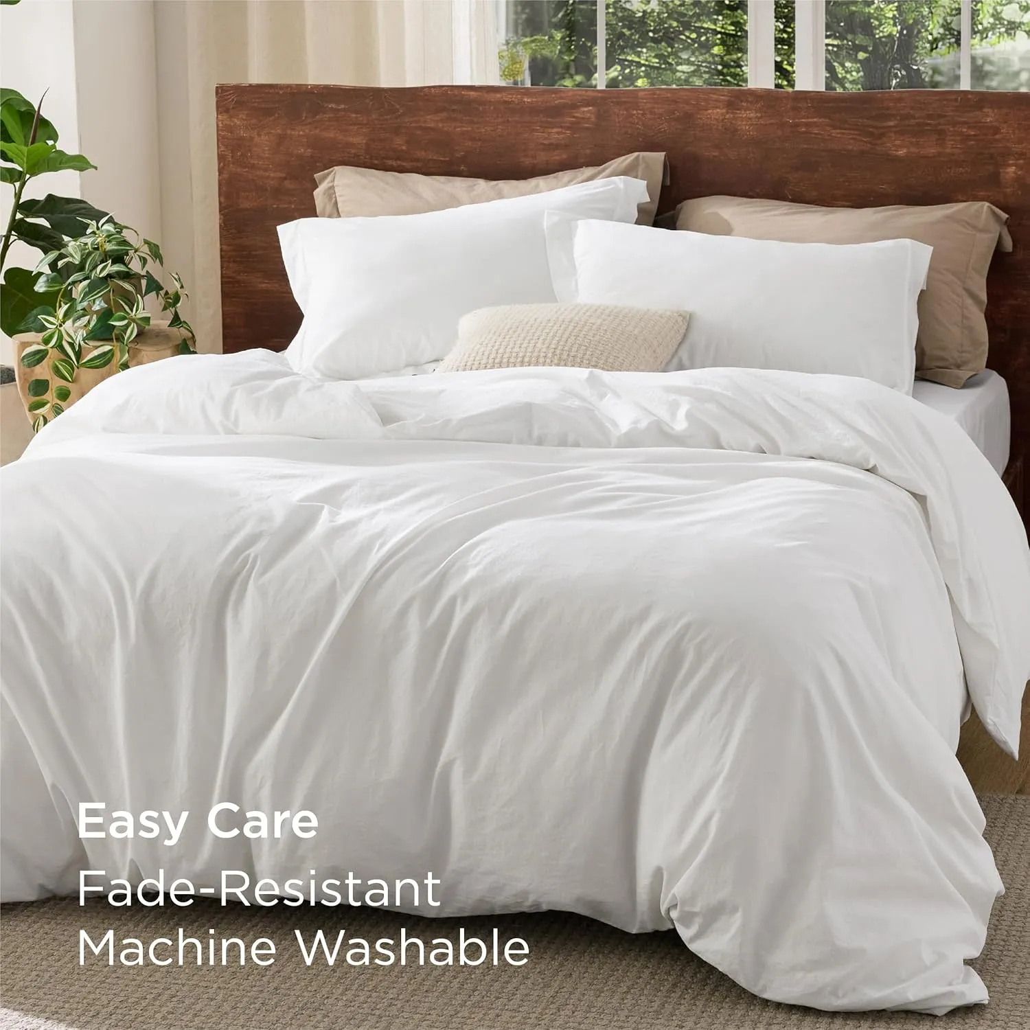 Bedsure 100% Washed Cotton Duvet Cover Queen Size - Natural White Minimalist Duvet Cover for All Seasons - GentleSoft™ Plain Simple Cotton Bedding Set with 2 Pillow Shams (White, Queen, 90"x90")