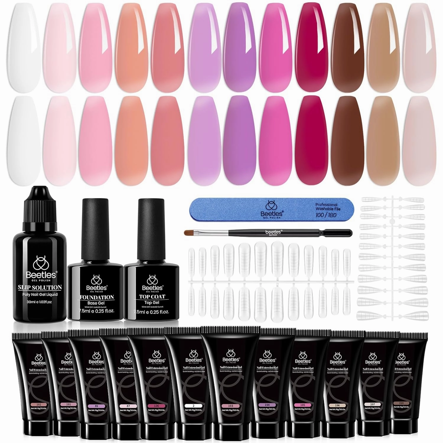 beetles Gel Polish 12 Colors Poly Nail Extension Kit Clear Jelly White Glitter Nude Pink Purple Builder Manicure Enhancement Starter Set Need Cure UV Led Nail Lamp Spring Gifts for Women Girls