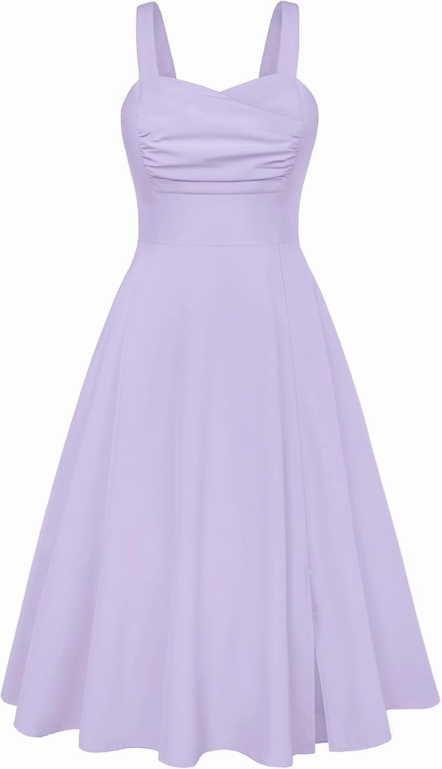 Belle Poque Women's Vintage 1950s Cocktail Dress Sleeveless Spaghetti Strap Ruched Slit A Line Swing Dress with Pockets