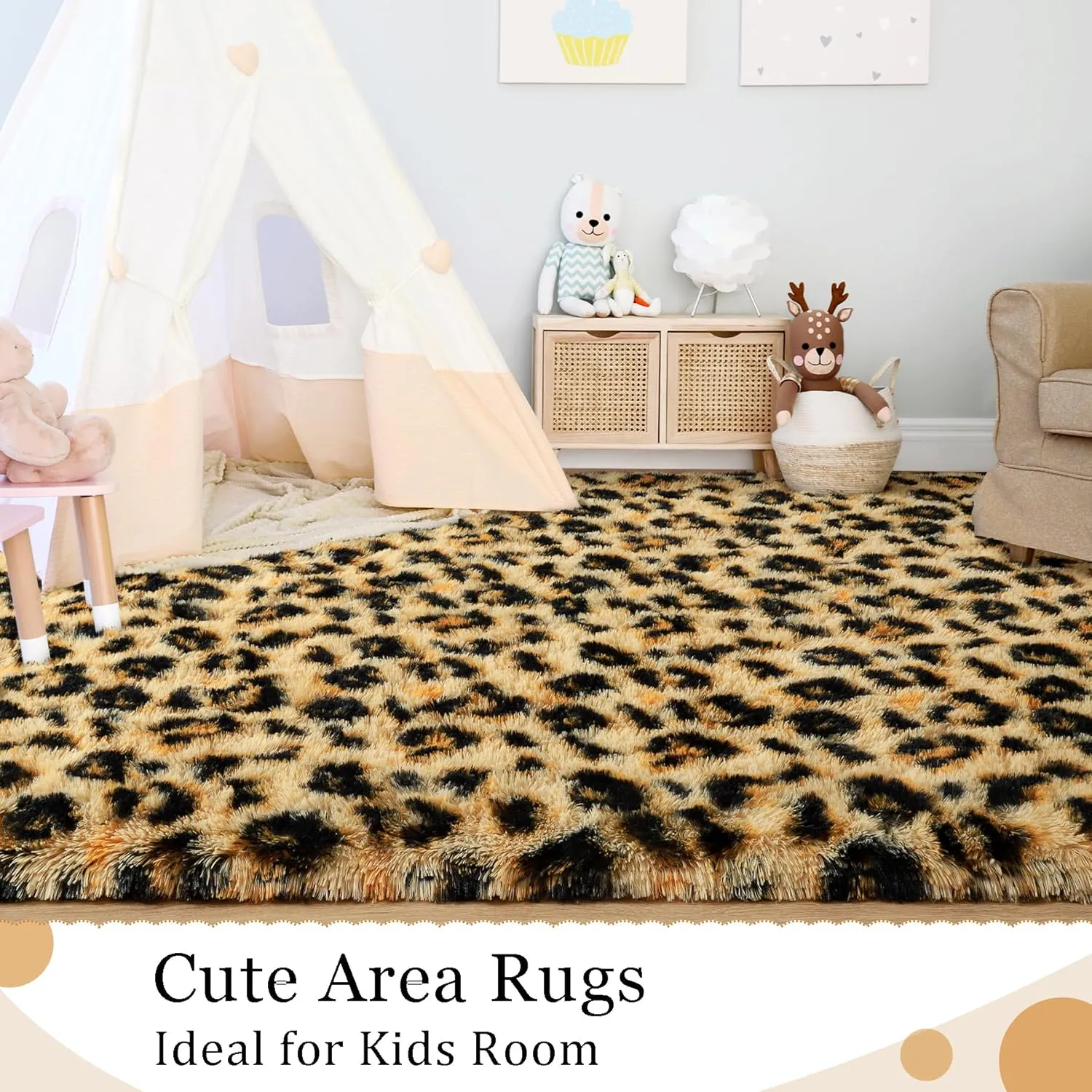 BENRON Fluffy Leopard Rugs, Black and Yellow, 4x6 Soft Rugs for Bedroom Living Room, Wild Cheetah Print Carpets Room Decor for Girls Women, Washable