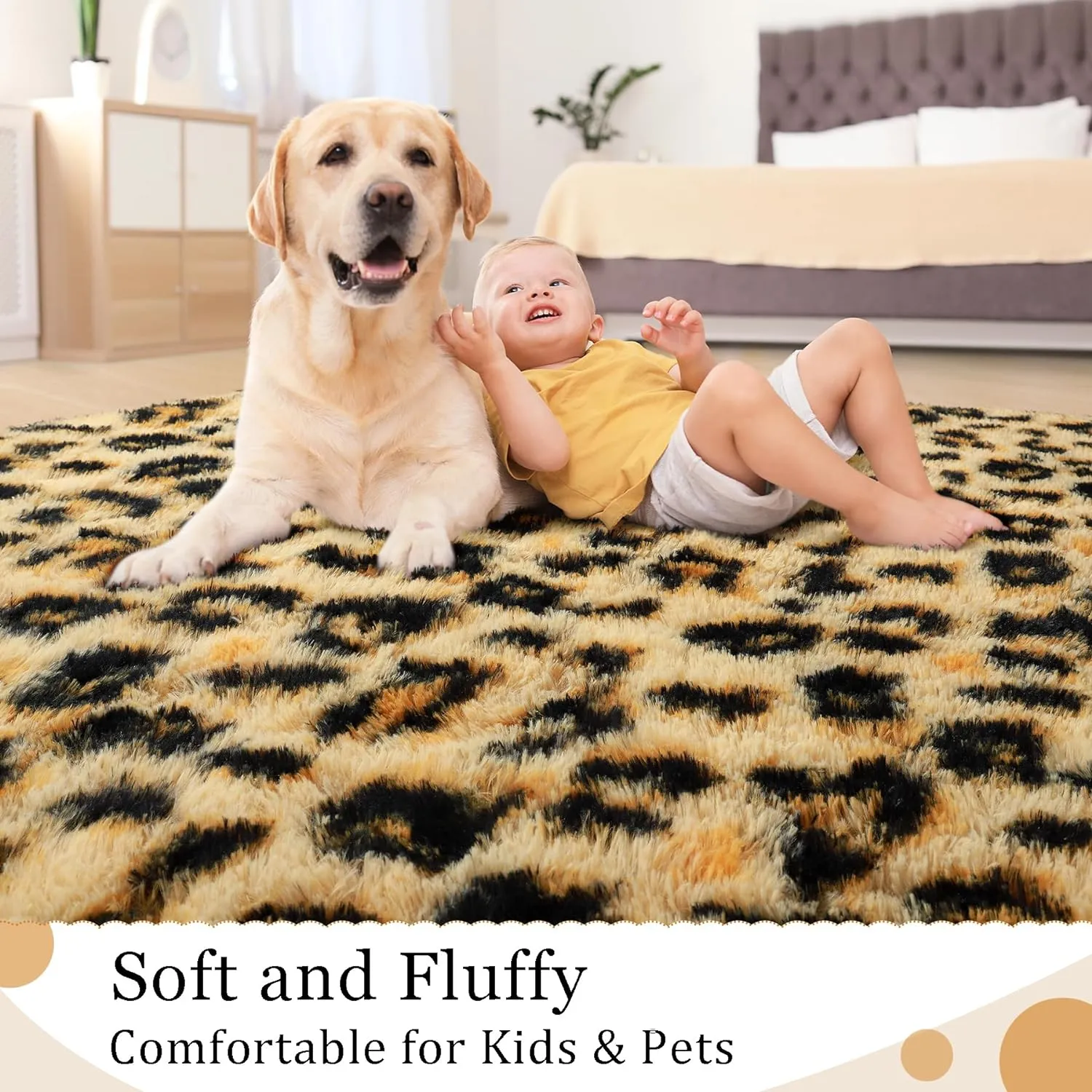 BENRON Fluffy Leopard Rugs, Black and Yellow, 4x6 Soft Rugs for Bedroom Living Room, Wild Cheetah Print Carpets Room Decor for Girls Women, Washable