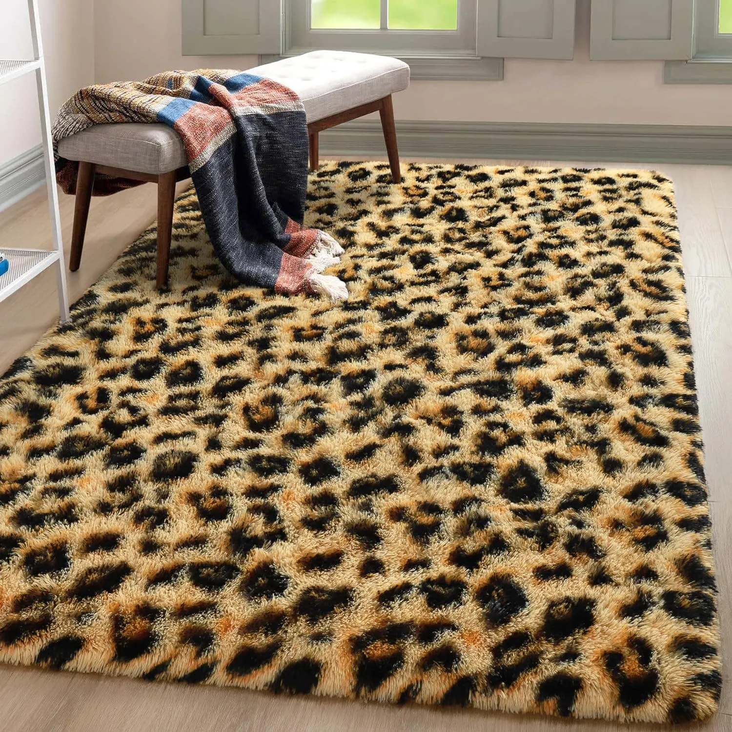 BENRON Fluffy Leopard Rugs, Black and Yellow, 4x6 Soft Rugs for Bedroom Living Room, Wild Cheetah Print Carpets Room Decor for Girls Women, Washable