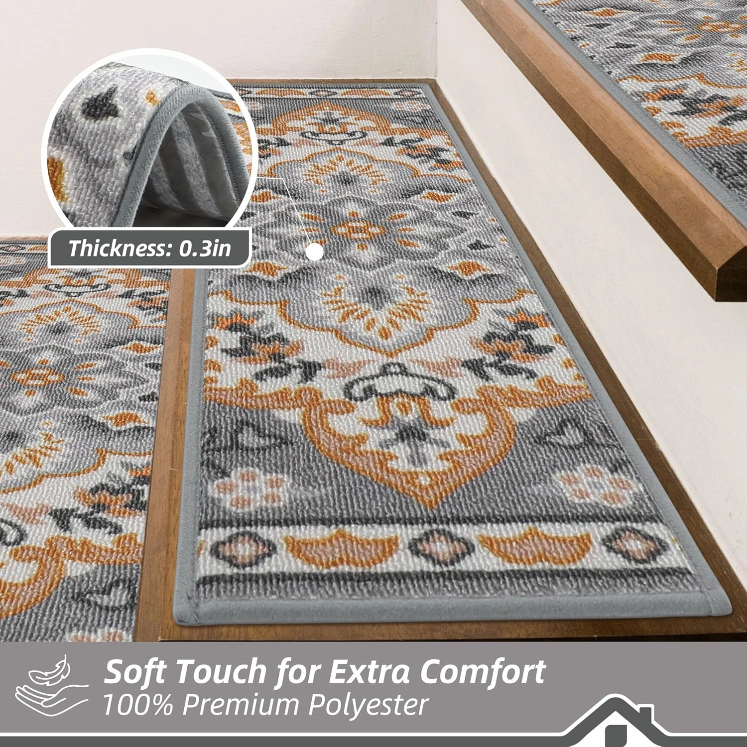 BEQHAUSE Stair Treads for Wooden Steps Non-Slip Machine Washable Carpet Stair Treads 8"X30" Soft Indoor Stair Rug Runner for Kids Elders and Pets, 100% Polyester, TPE Backing, 4pcs, Grey/Orange