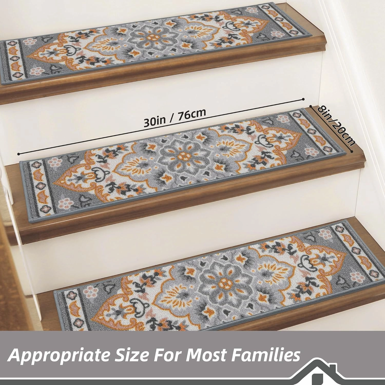 BEQHAUSE Stair Treads for Wooden Steps Non-Slip Machine Washable Carpet Stair Treads 8"X30" Soft Indoor Stair Rug Runner for Kids Elders and Pets, 100% Polyester, TPE Backing, 4pcs, Grey/Orange