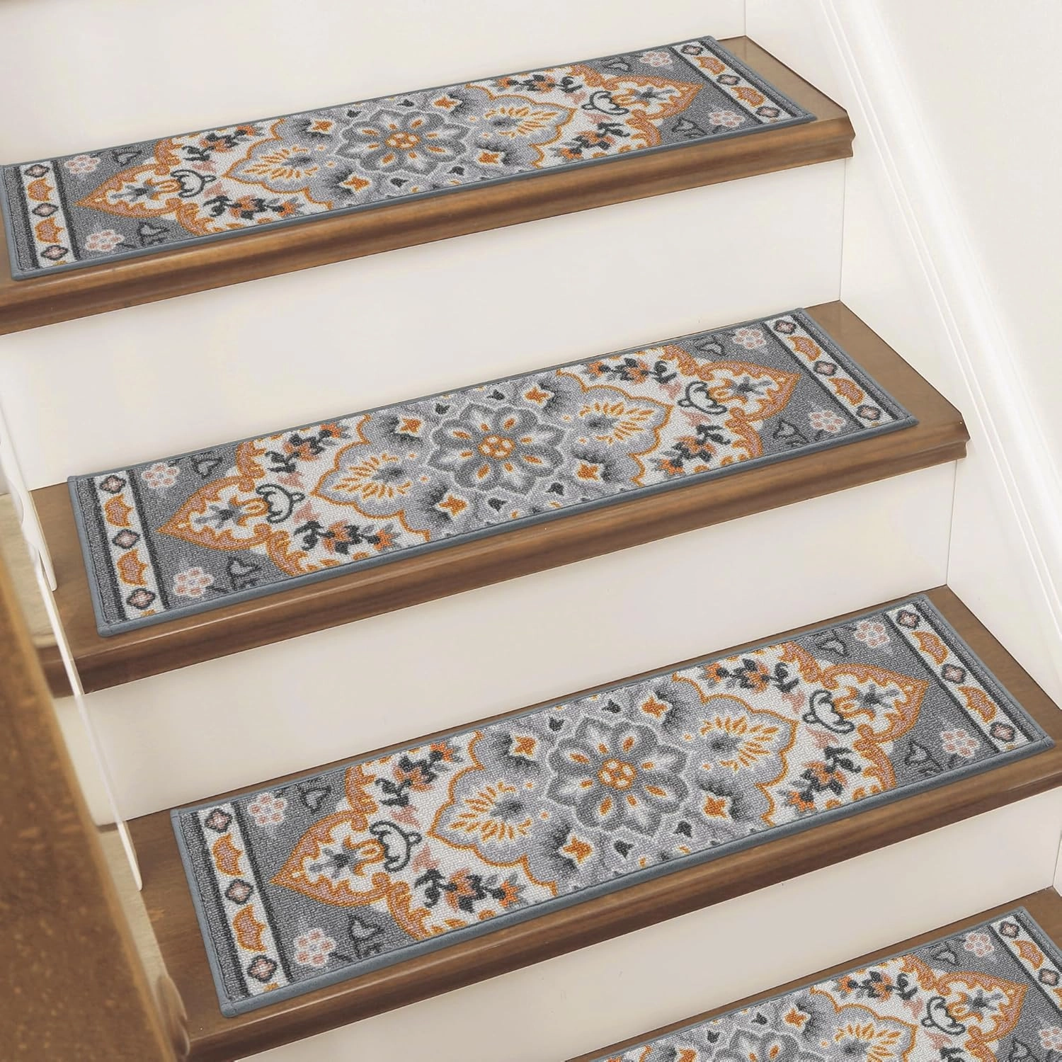 BEQHAUSE Stair Treads for Wooden Steps Non-Slip Machine Washable Carpet Stair Treads 8"X30" Soft Indoor Stair Rug Runner for Kids Elders and Pets, 100% Polyester, TPE Backing, 4pcs, Grey/Orange