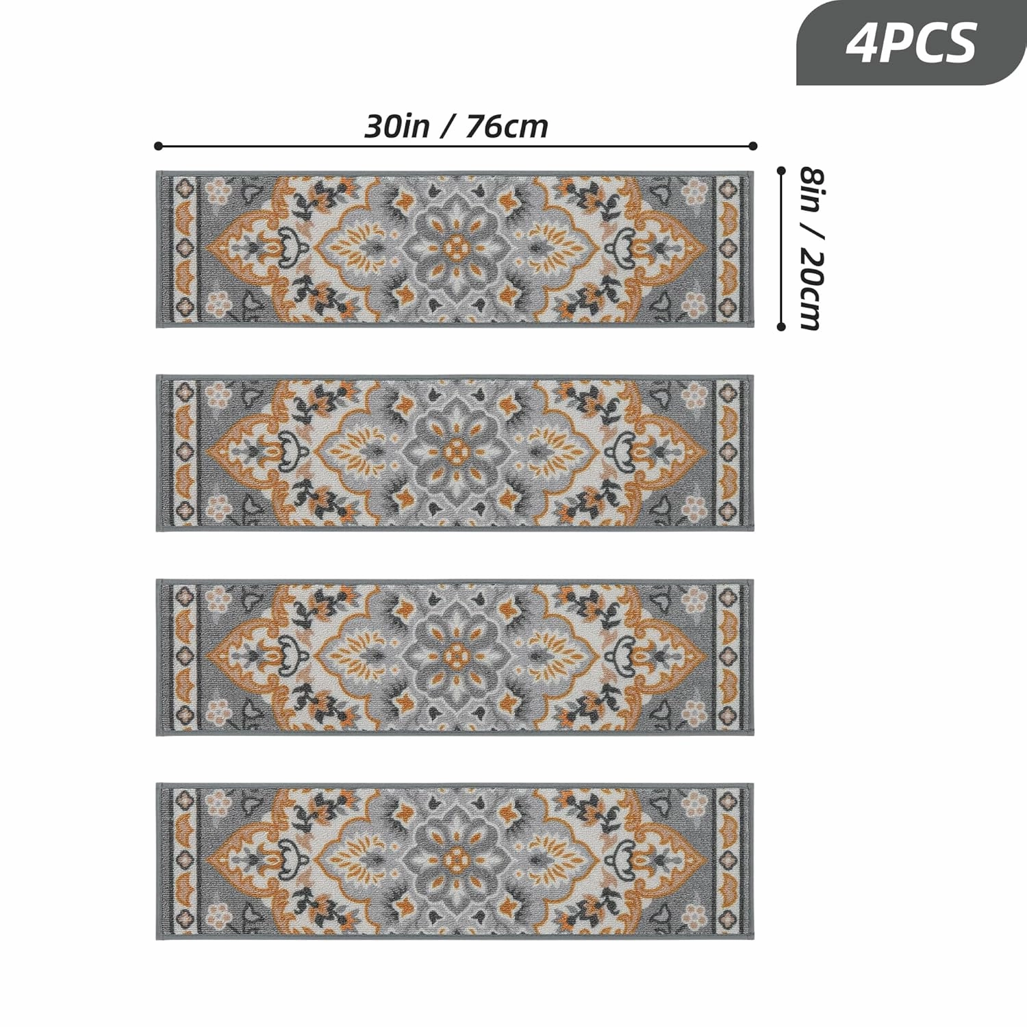 BEQHAUSE Stair Treads for Wooden Steps Non-Slip Machine Washable Carpet Stair Treads 8"X30" Soft Indoor Stair Rug Runner for Kids Elders and Pets, 100% Polyester, TPE Backing, 4pcs, Grey/Orange
