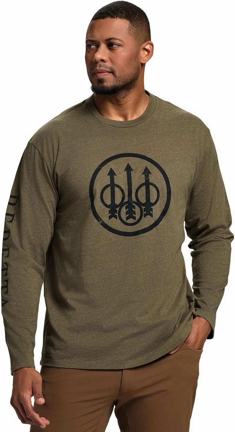 Beretta Men's Trident Logo Casual Durable Multi-Purpose Comfortable Cotton Blend Ribbed Crew Neck Plain Long Sleeve T-Shirt