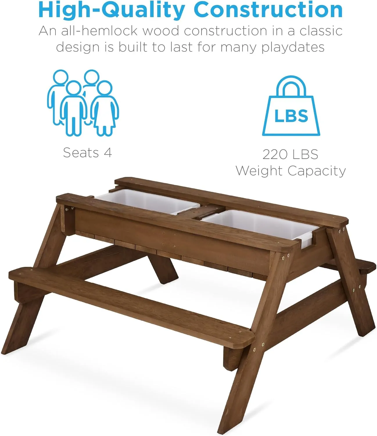Best Choice Products Kids 3-in-1 Sand & Water Table, Wood Outdoor Convertible Picnic Table w/Umbrella, 2 Trays, Removable Top, 220lb Capacity Per Bench -Walnut/Beige