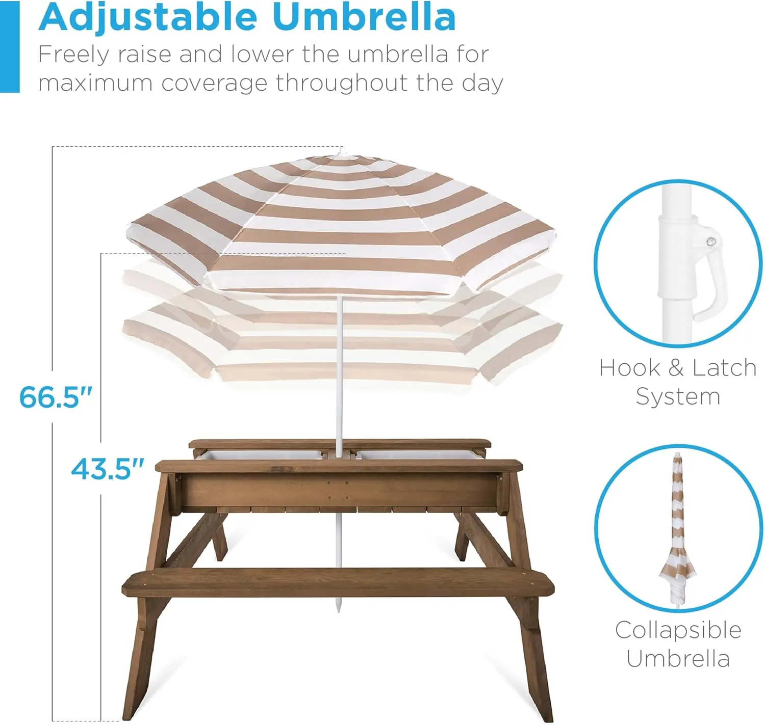 Best Choice Products Kids 3-in-1 Sand & Water Table, Wood Outdoor Convertible Picnic Table w/Umbrella, 2 Trays, Removable Top, 220lb Capacity Per Bench -Walnut/Beige