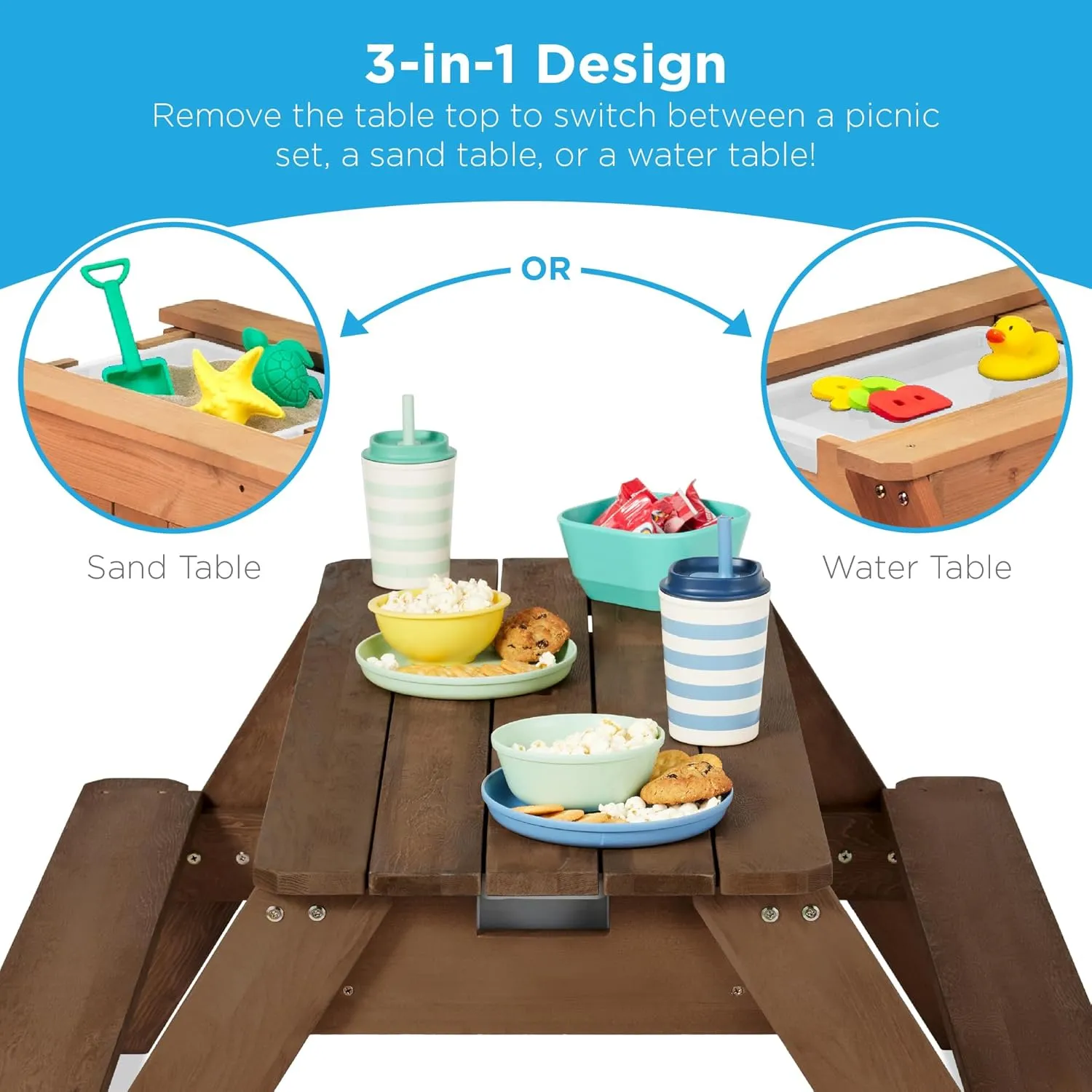 Best Choice Products Kids 3-in-1 Sand & Water Table, Wood Outdoor Convertible Picnic Table w/Umbrella, 2 Trays, Removable Top, 220lb Capacity Per Bench -Walnut/Beige