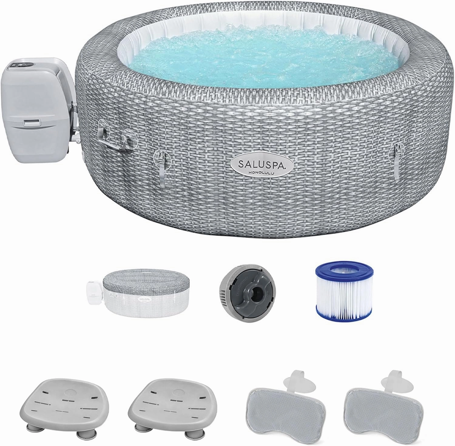 Bestway Coleman Honolulu AirJet Inflatable Hot Tub with EnergySense Cover, 2-Pack SaluSpa Spa Seat and 2 Sets of SaluSpa Padded Headrest Pillows