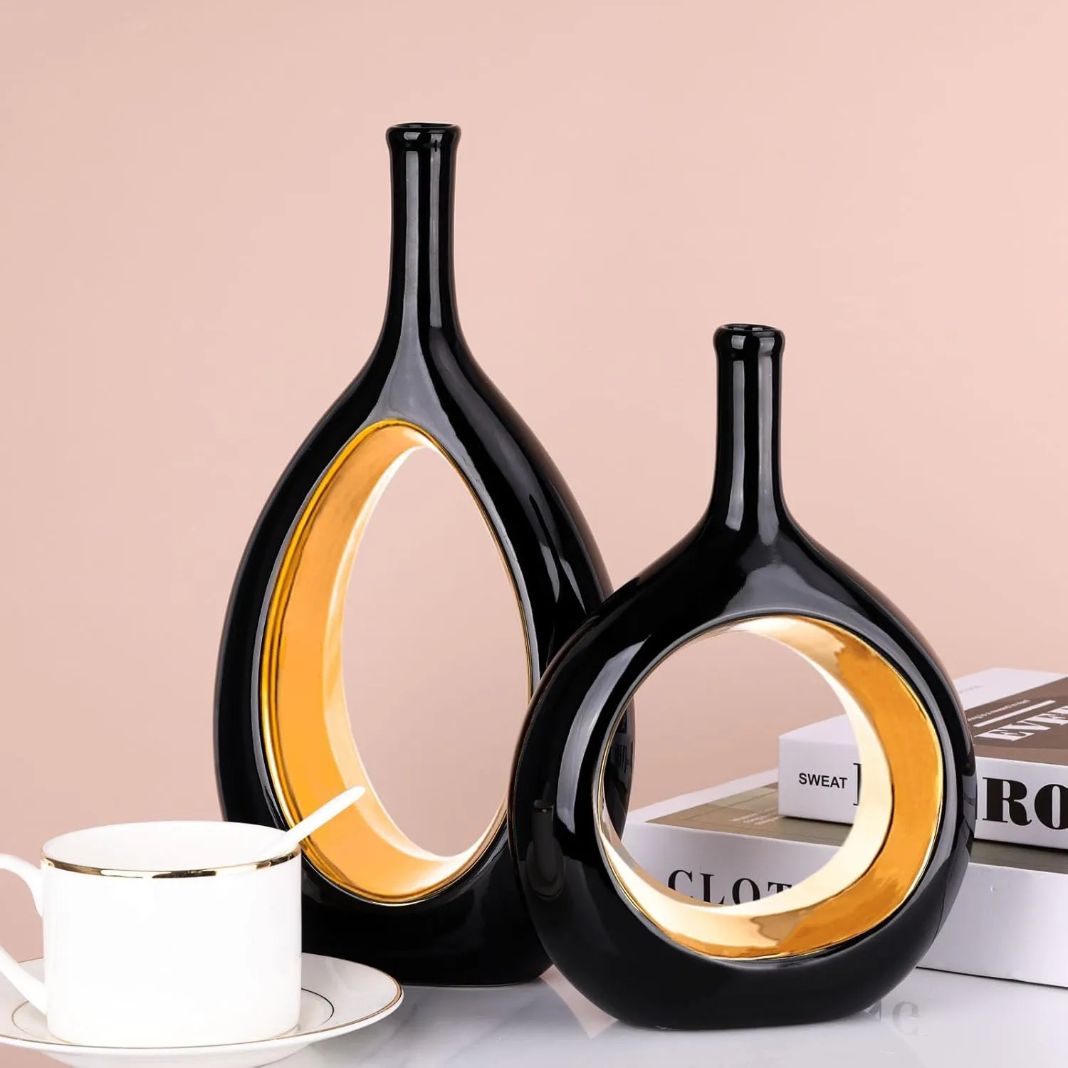 Black Gold Ceramic Vase Set 2,Modern Hollow Circle with Hole Flower Vase for Home Decor,for Table Centerpieces,Farmhouse,Fire Place,Living Room,Bedroom,Office,Bookshelf,Rustic Decor