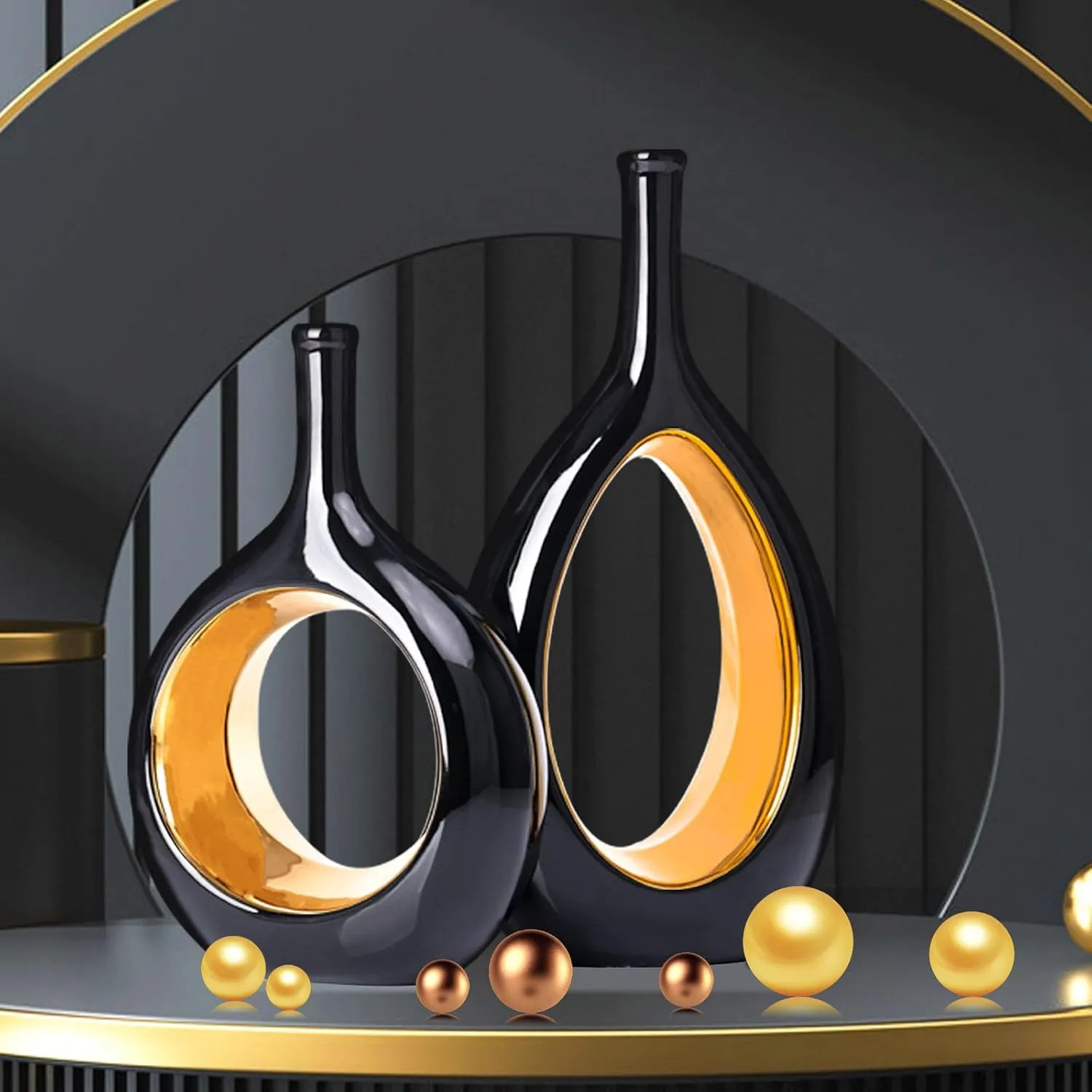 Black Gold Ceramic Vase Set 2,Modern Hollow Circle with Hole Flower Vase for Home Decor,for Table Centerpieces,Farmhouse,Fire Place,Living Room,Bedroom,Office,Bookshelf,Rustic Decor