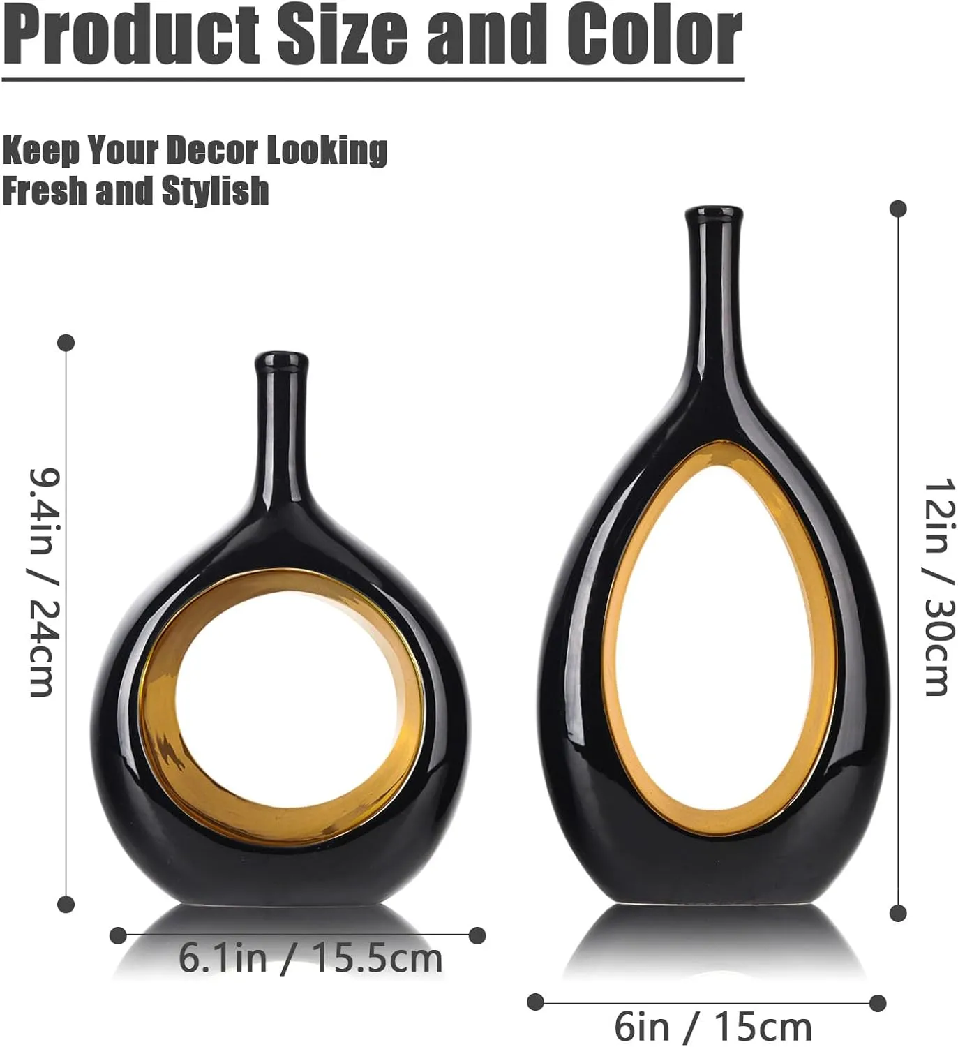Black Gold Ceramic Vase Set 2,Modern Hollow Circle with Hole Flower Vase for Home Decor,for Table Centerpieces,Farmhouse,Fire Place,Living Room,Bedroom,Office,Bookshelf,Rustic Decor