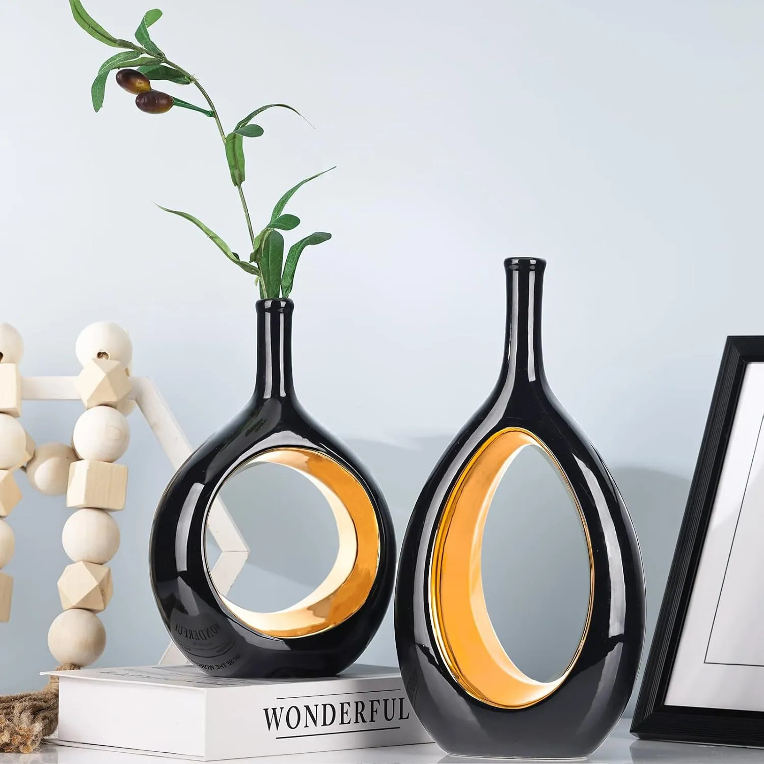 Black Gold Ceramic Vase Set 2,Modern Hollow Circle with Hole Flower Vase for Home Decor,for Table Centerpieces,Farmhouse,Fire Place,Living Room,Bedroom,Office,Bookshelf,Rustic Decor
