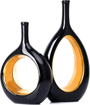 Black Gold Ceramic Vase Set 2,Modern Hollow Circle with Hole Flower Vase for Home Decor,for Table Centerpieces,Farmhouse,Fire Place,Living Room,Bedroom,Office,Bookshelf,Rustic Decor