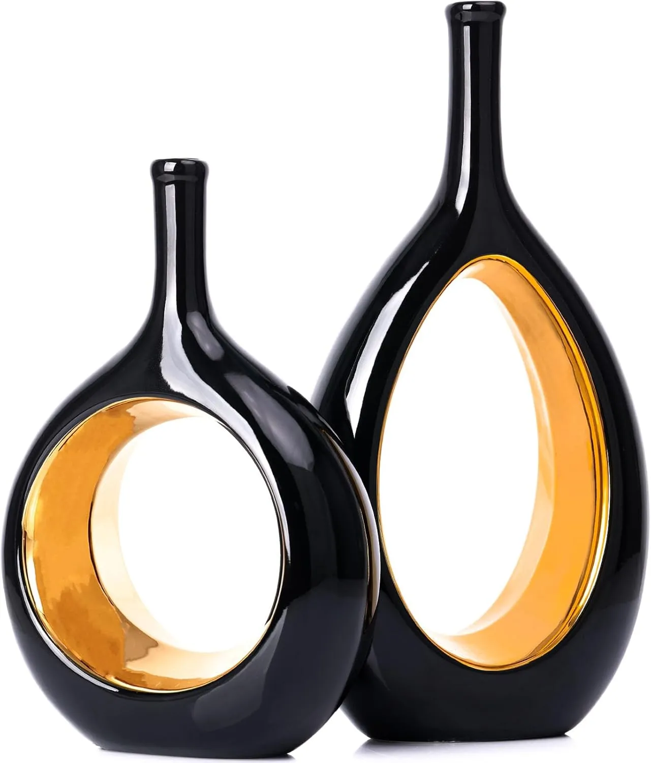Black Gold Ceramic Vase Set 2,Modern Hollow Circle with Hole Flower Vase for Home Decor,for Table Centerpieces,Farmhouse,Fire Place,Living Room,Bedroom,Office,Bookshelf,Rustic Decor