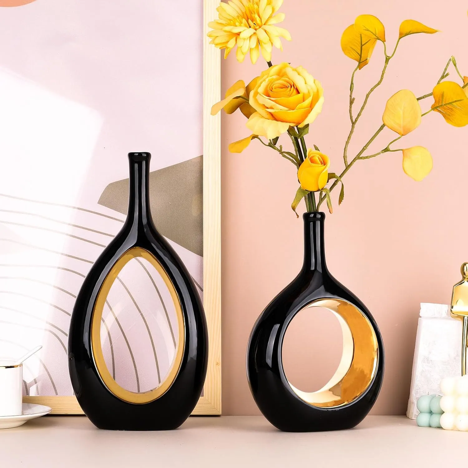 Black Gold Ceramic Vase Set 2,Modern Hollow Circle with Hole Flower Vase for Home Decor,for Table Centerpieces,Farmhouse,Fire Place,Living Room,Bedroom,Office,Bookshelf,Rustic Decor