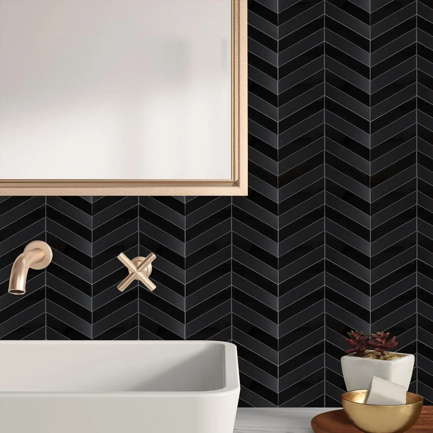Black Peel and Stick Backsplash Herringbone Tile, Chevron Backsplash Peel and Stick Wall Tiles for Kitchen Bathroom Fireplace (6 Sheets)