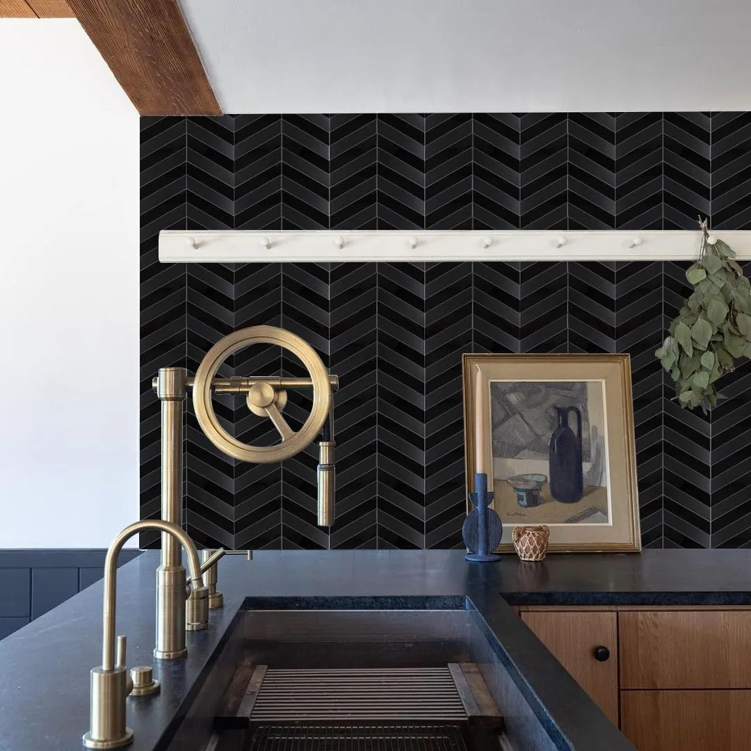Black Peel and Stick Backsplash Herringbone Tile, Chevron Backsplash Peel and Stick Wall Tiles for Kitchen Bathroom Fireplace (6 Sheets)