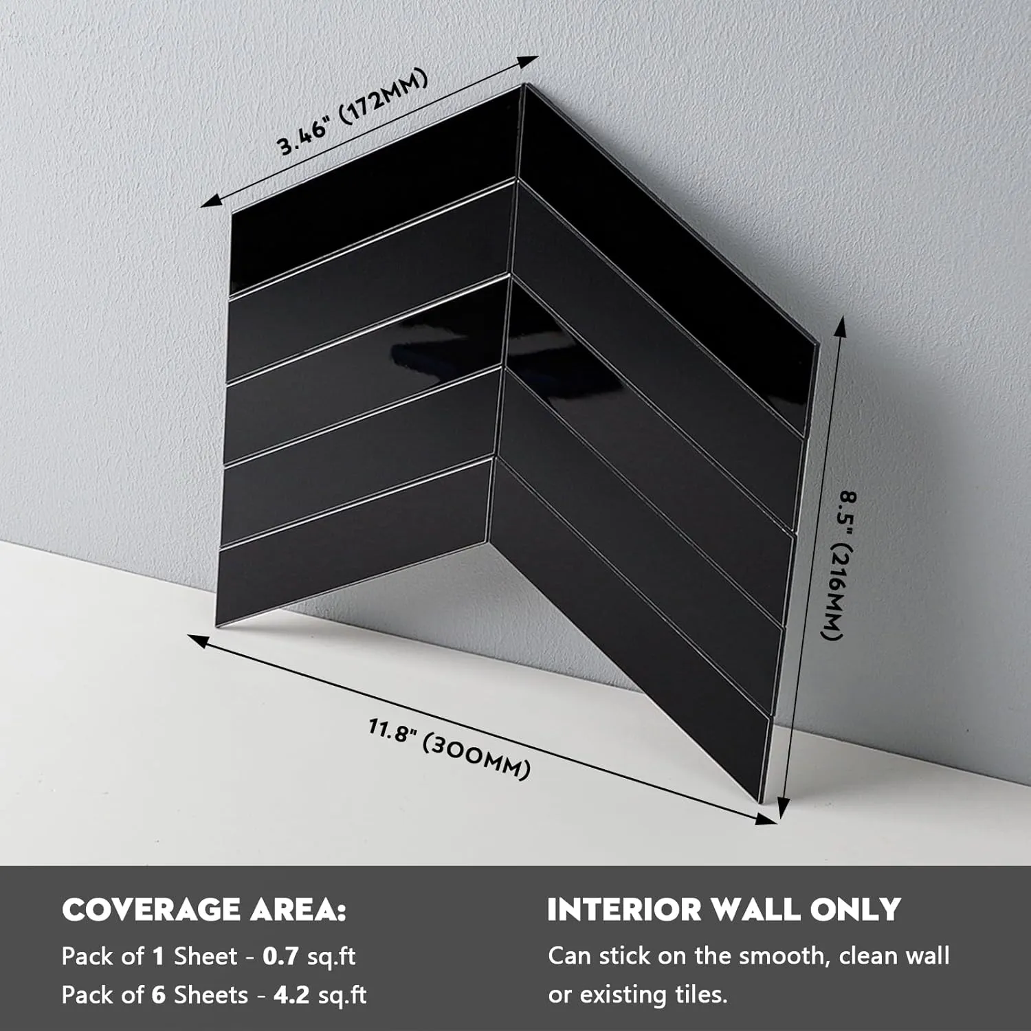 Black Peel and Stick Backsplash Herringbone Tile, Chevron Backsplash Peel and Stick Wall Tiles for Kitchen Bathroom Fireplace (6 Sheets)