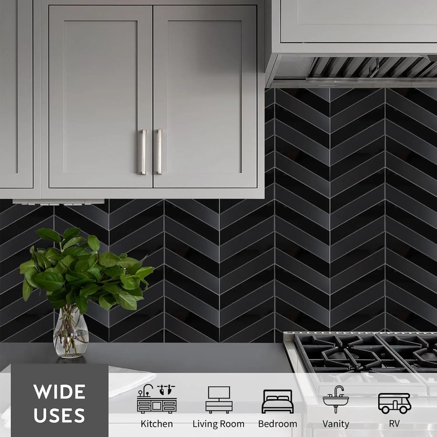 Black Peel and Stick Backsplash Herringbone Tile, Chevron Backsplash Peel and Stick Wall Tiles for Kitchen Bathroom Fireplace (6 Sheets)